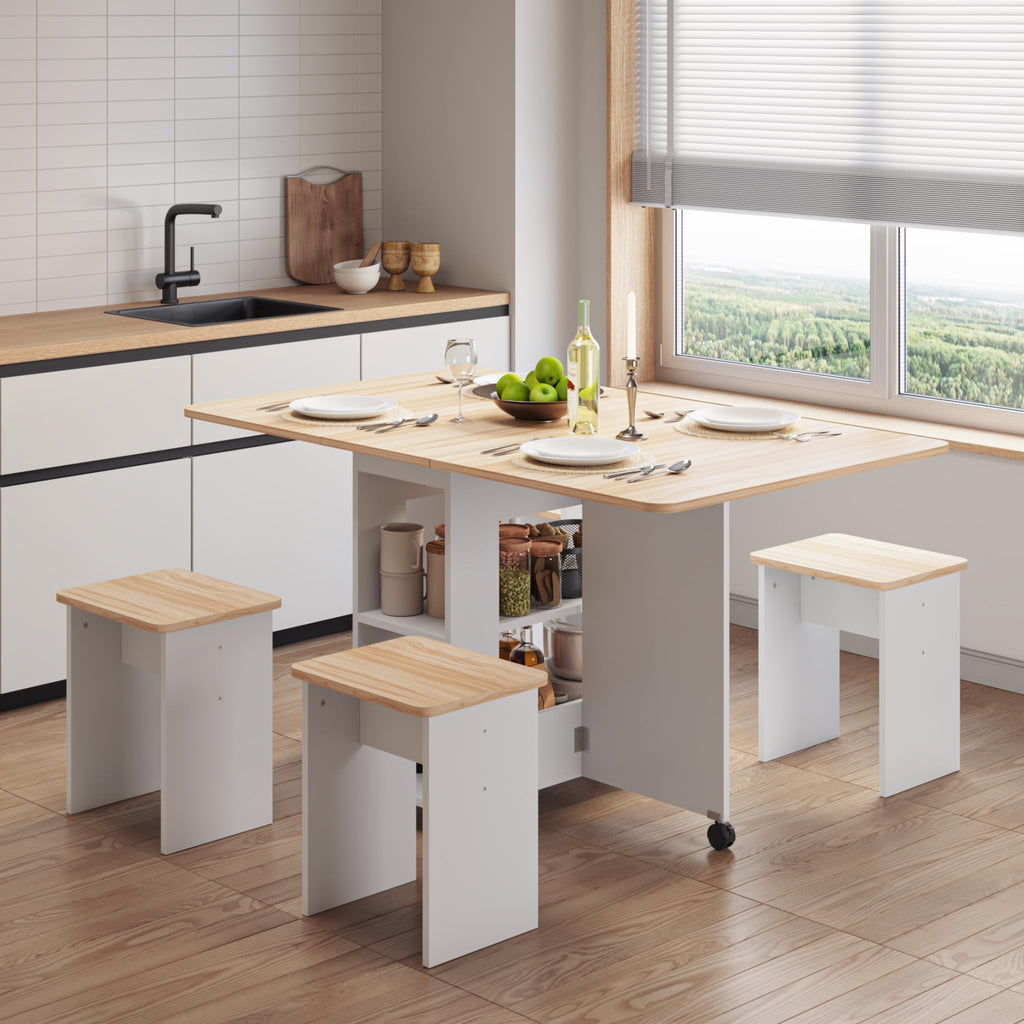 Folding Dining Table with 4 Chairs for Small Spaces, Oak and White