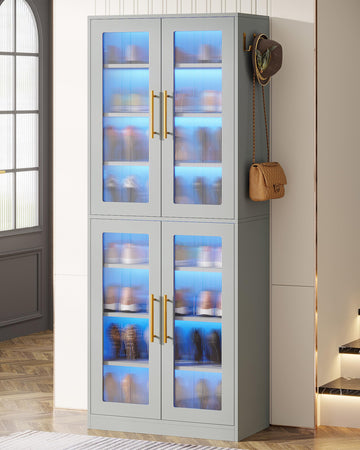 Tall Shoe Cabinet with Acrylic Doors and LED Lights, 8-Tier Entryway Shoe Organizer Storage Rack with Adjustable