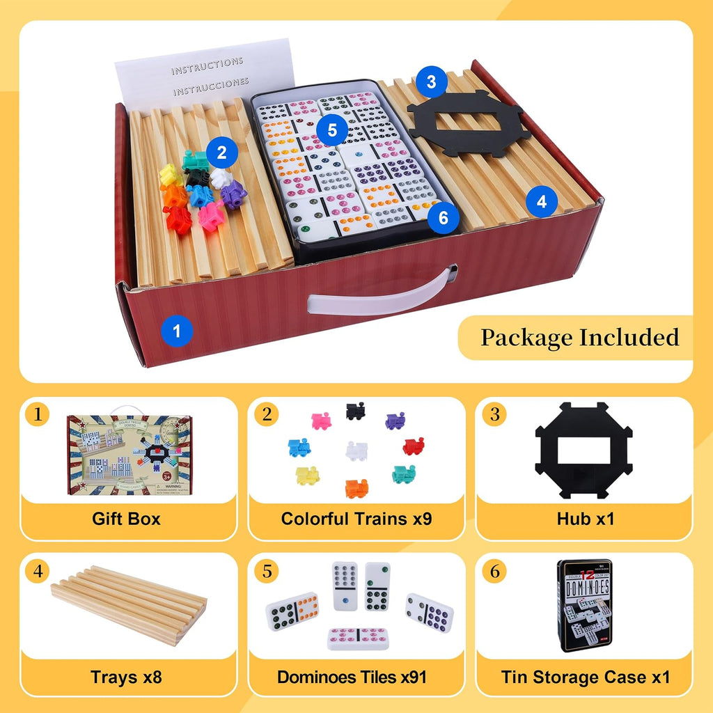Double 12 Mexican Train Dominoes Set for Adults with Wooden Holders, 9 Train Markers, 91 Color Dot Tile Dominos - Set of 8