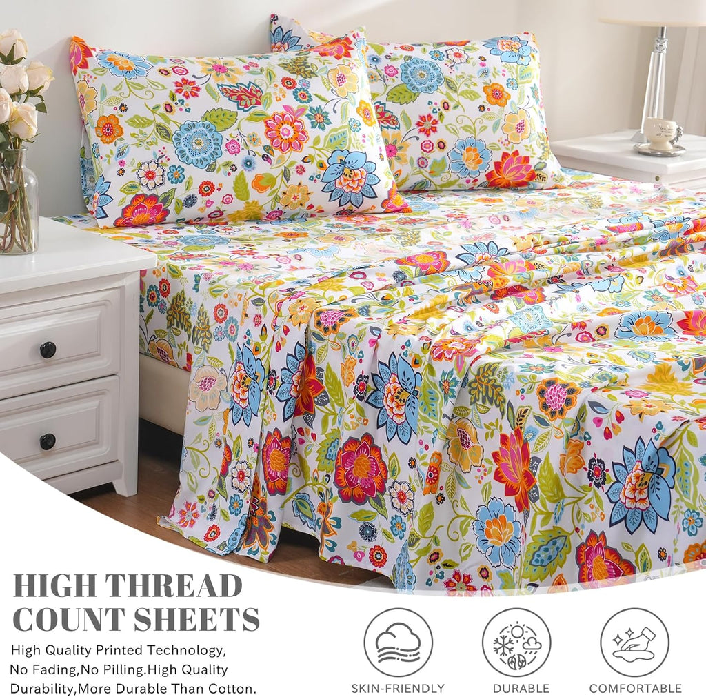 Queen Sheet Set Ultra Soft Breathable Silky Flower Bed Sheets Deep Pocket 100% Microfiber Bedding Sheets 4 Piece