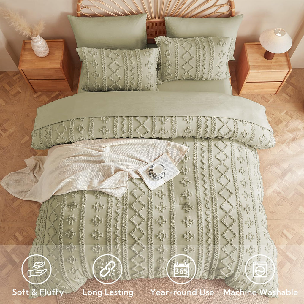 Queen Comforter Set 7 Pieces, Tufted Boho Beddding Set Sage Green