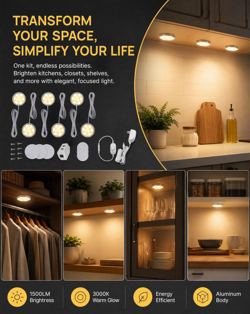 Dimmable LED Puck Lights, 6-Pack Under Cabinet Lighting Warm White