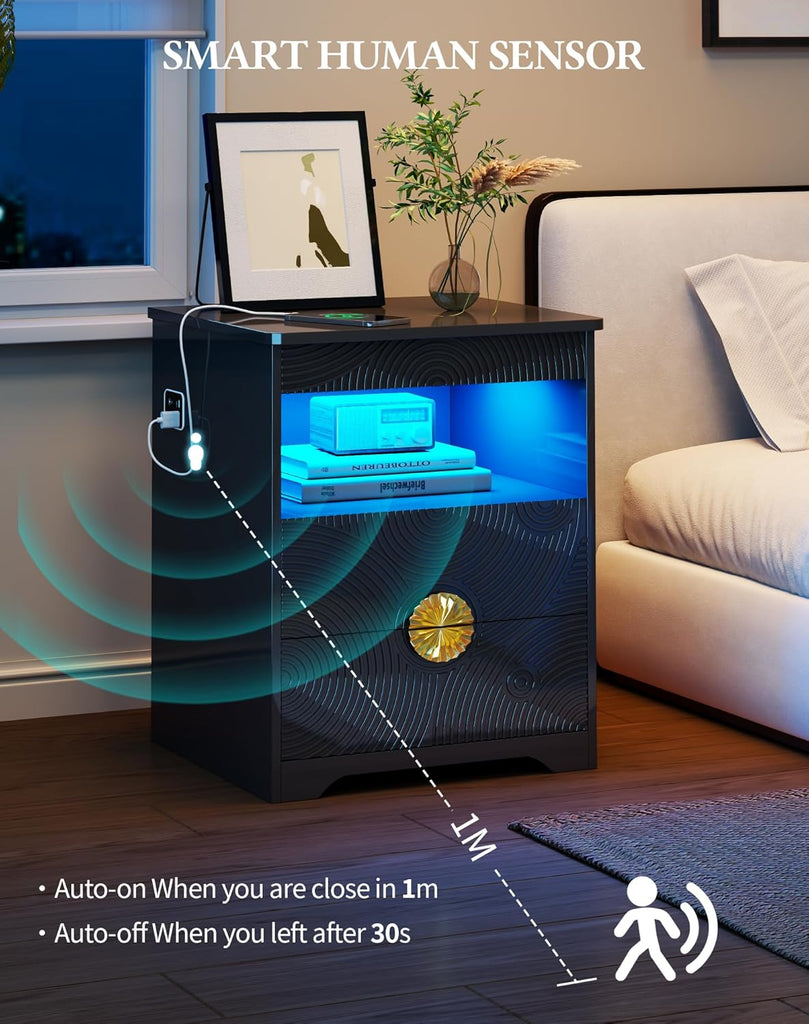 LED Nightstand with Gun Drawer, Modern Bedside Table with 3-Color Lights & Human Sensor, Smart Night Stand with