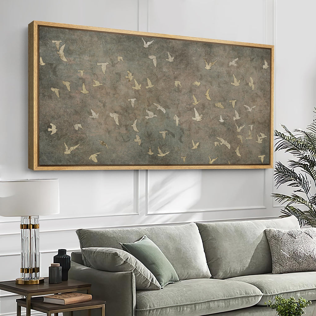 Extra Large Framed Canvas Print Wall Art Rustic Bird Silhouette Art Vintage-Inspired Birds in Flight Rustic