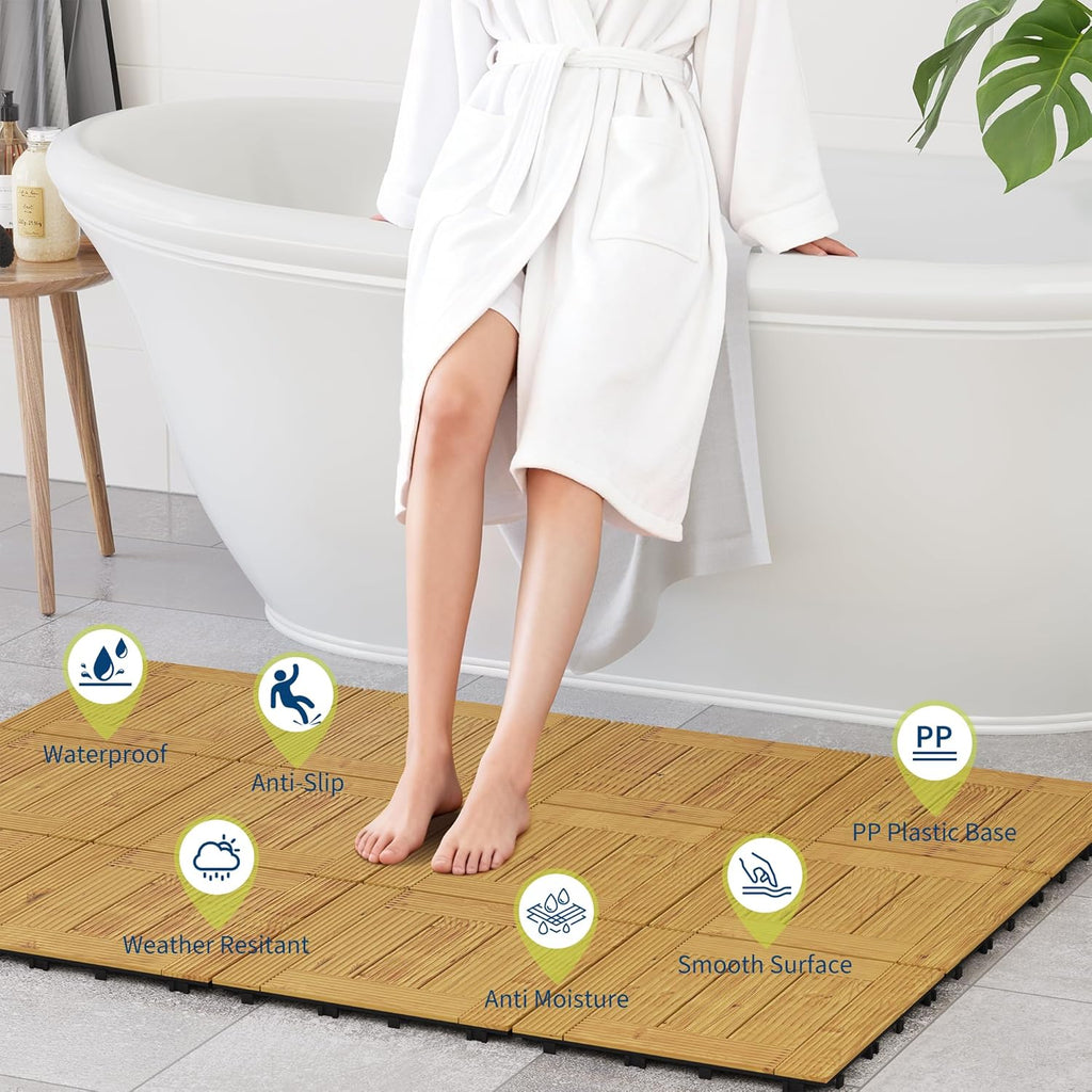 22 PCS Solid Acacia Wood Composite Deck Tiles - 12" x 12" Indoor Outdoor Waterproof Flooring Tiles for Balcony