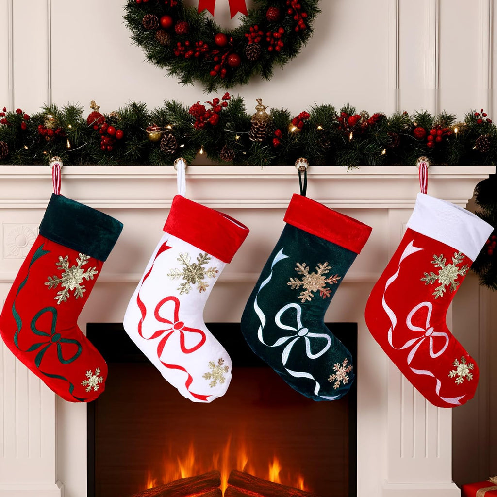 4 Pcs Christmas Stockings, 18 Inch, Embroidery Velvet, Vintage