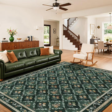 Green Floral Rugs 8x10 Area Rugs, Non Slip Stain Resistance Washable Vintage Large Area Rug, Low Pile Checkered