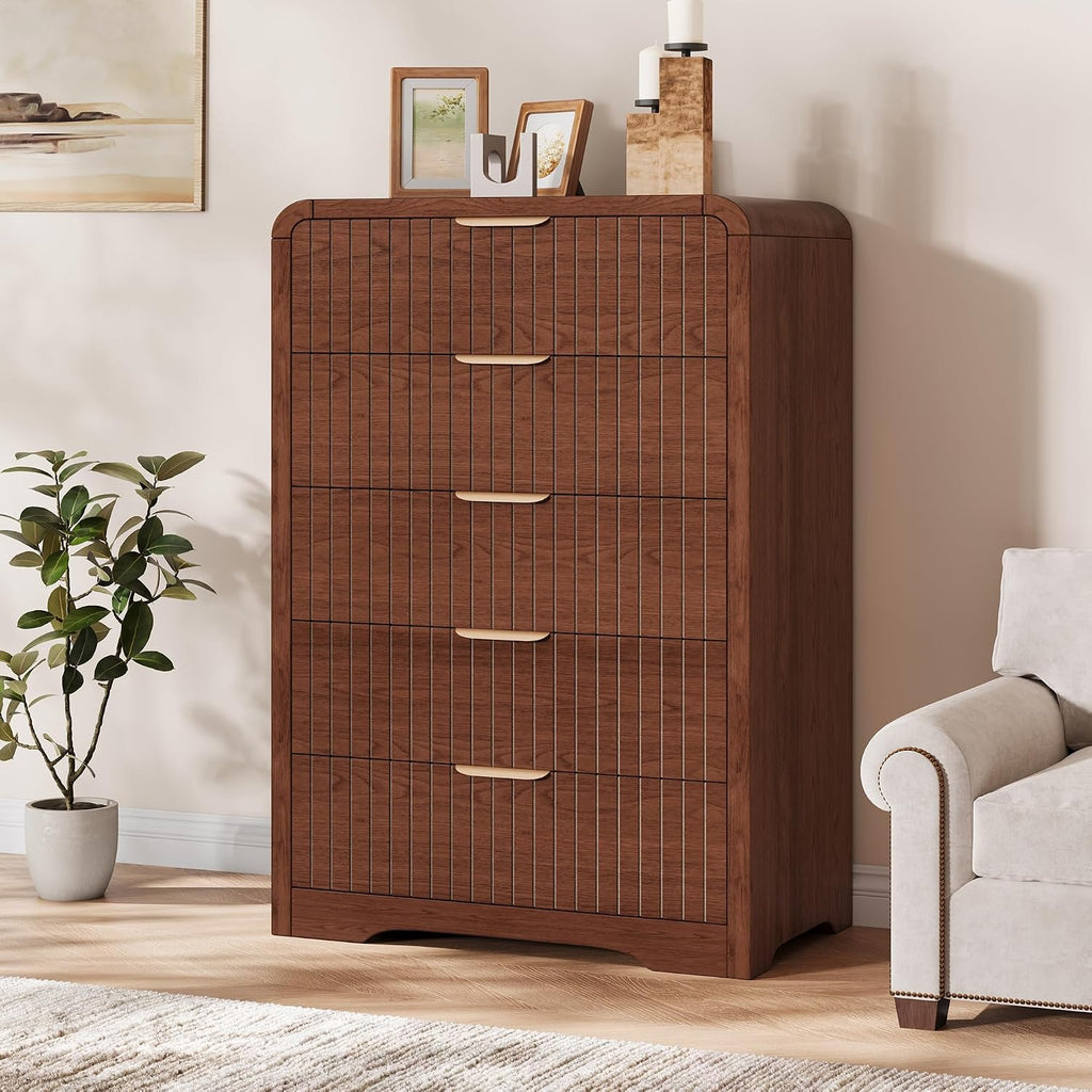 Fluted 5 Drawer Dresser, 43" Tall Dresser Chest of Drawers Curved Profile Design, Wood Mid Century Vertical Dresser