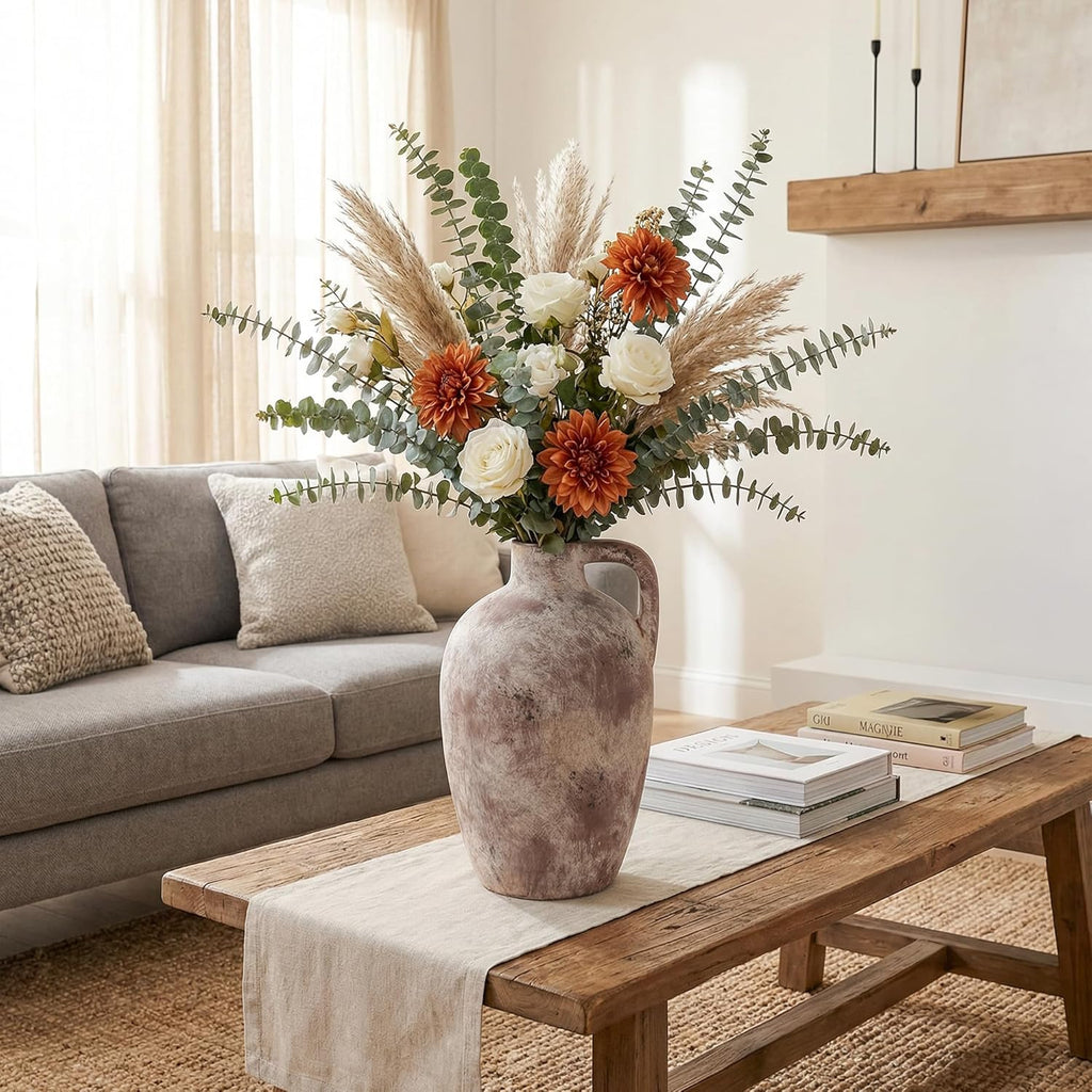 Ceramic Flower Vase with Handles,10" Neutral Tall Clay Terracotta Vases Farmhouse Table Vases with Handle Living Room