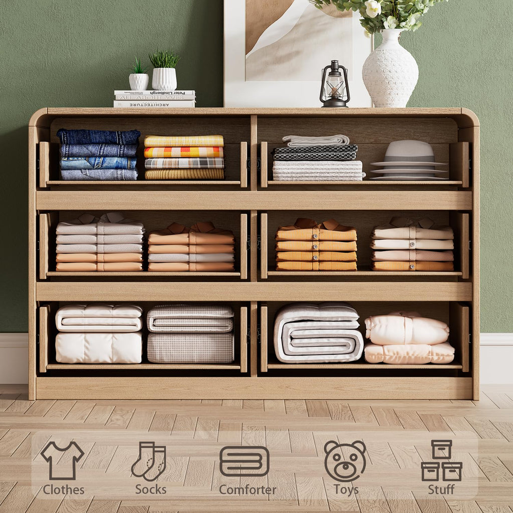 47.2" Dresser with 6 Drawer, Wide Dresser with Recessed Glass Display & Silent Metal Rails, Handleless Chest of