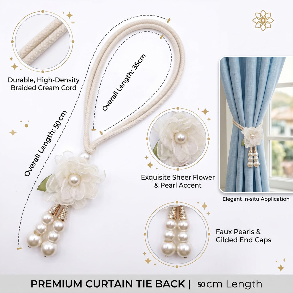 Adjustable Curtain Tiebacks, 4pcs(2pair) Hand-Woven Rope with Silk Flower & Pearl, Decorative Window Cord Holders
