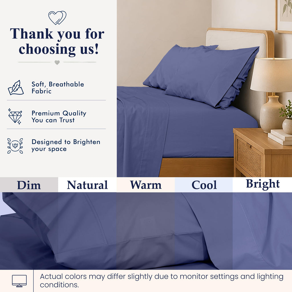 100% Cotton California King Sheets, Percale Weave, Classic Blue