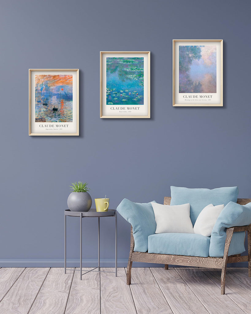 Framed Claude Monet Water Lilies Canvas Wall Art Set of 3 12x16in