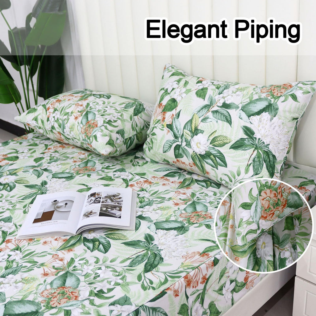 Green Floral Sheet Set Cal King, 100% Cotton Pink Flower Printed Sheets College Sheets Botanical Shabby White Floral