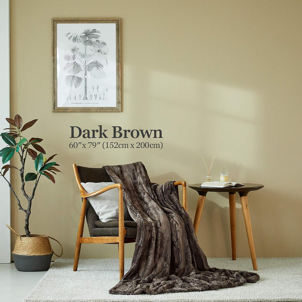 MHD l [Made in Korea] Premium Faux Fur Throw Blanket :Luxury Double-Sided 15mm Microfiber Blanket, 800 GSM :Dark
