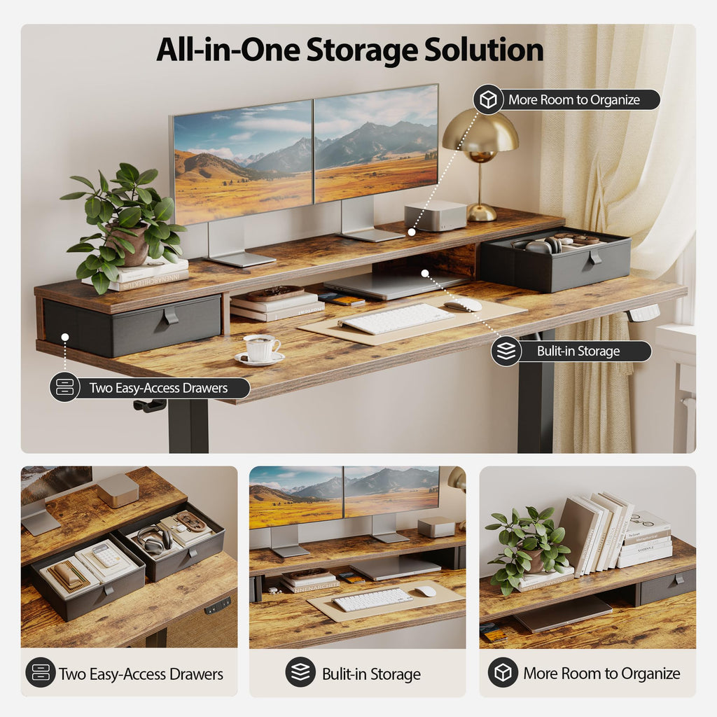 Electric Standing Desk with Drawers & Shelf, 48*24", Rustic Brown