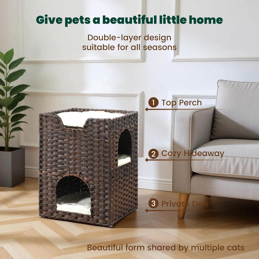 Cat Bed for Indoor Cats, a Stylish Cat Hideaway & Cat House - Handwoven Rattan Cat Cave Bed with Soft Cushion