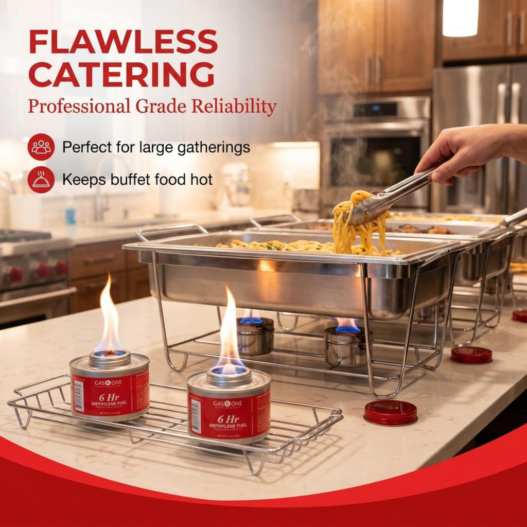 48 Pack 6 Hour Chafing Fuel - Food Warmer for Chafing Dish Buffet Set - Reusable Liquid Safe Fuel with Wick & Lid