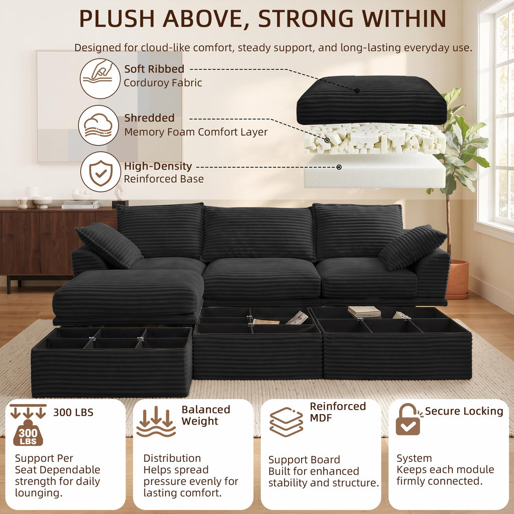 Upgraded Boneless Couch with Storage, Sectional Couches, L-Shaped Modular Cloud Corduroy Sofa with Ottoman &