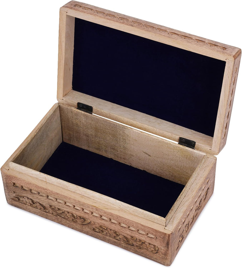 Wooden Jewelry Box Flower Carved Decorative Chest Storage 10 Inch