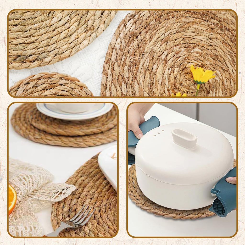 Round Woven Placemats Set of 4, with 72 Inches Long Farmhouse Macrame Table Runner Burlap Cotton Linen Table Runners