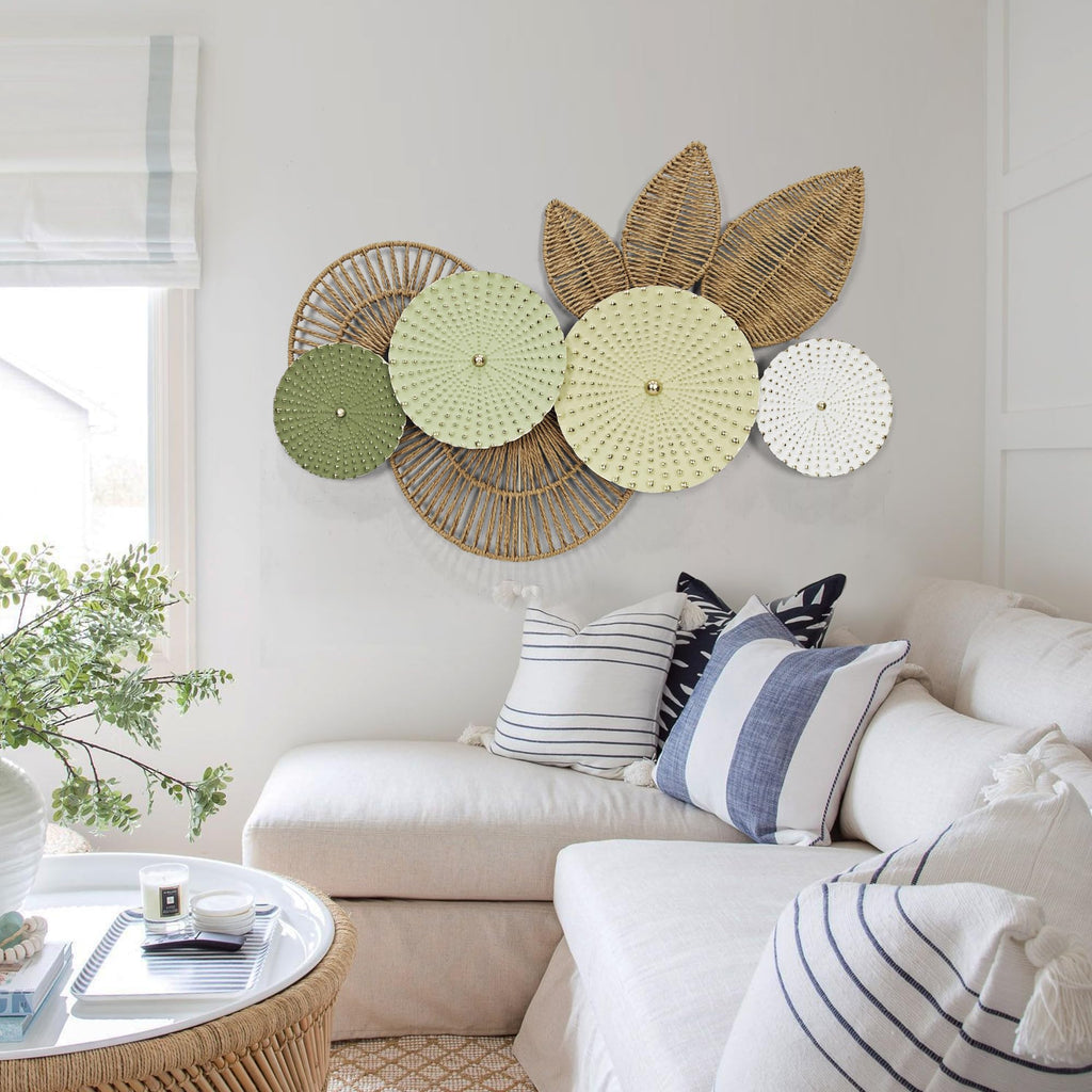 Boho Woven Wall Decor- Rattan Leaf & Circular 3D Wall Art Decor, 35"x 26" Large Hanging Decoration in Sage & Beige