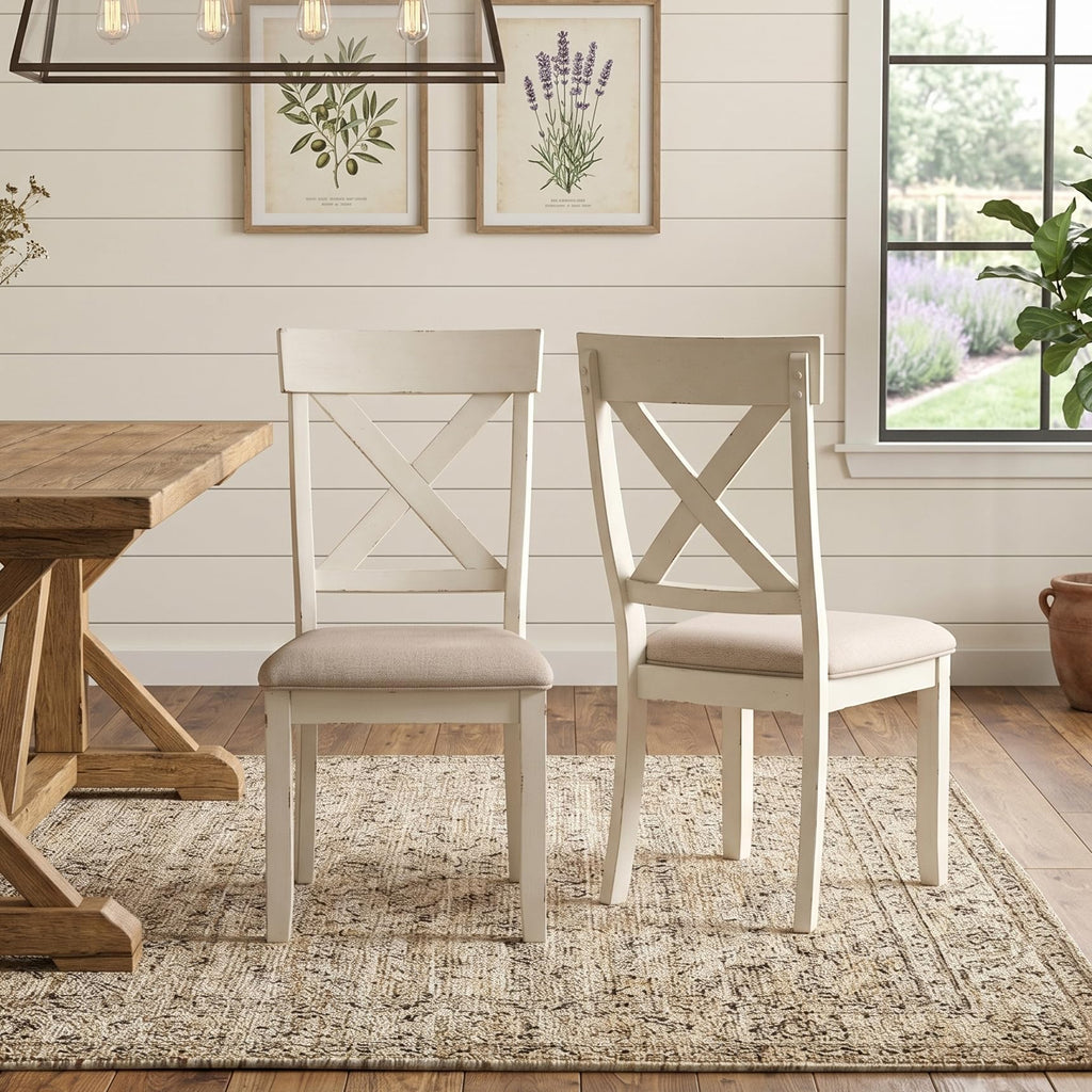 Prato 6-Piece Dining Set, Dining Table with 4 Cross Back Chairs and Bench, Antique White and Distressed Oak Finish