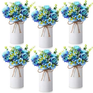 6 Sets Wedding Centerpiece for Table Decoration Blue Artificial Fake Rose Flower with Metal Vase Faux Silk Rose