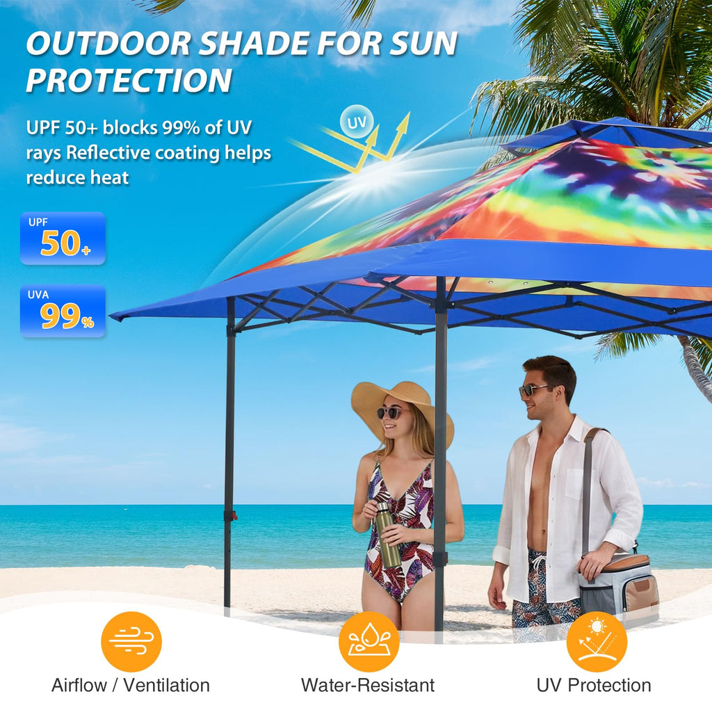 13x13 Pop Up Canopy Tent, Auto Extended Eaves, Cosmic Tie Dye
