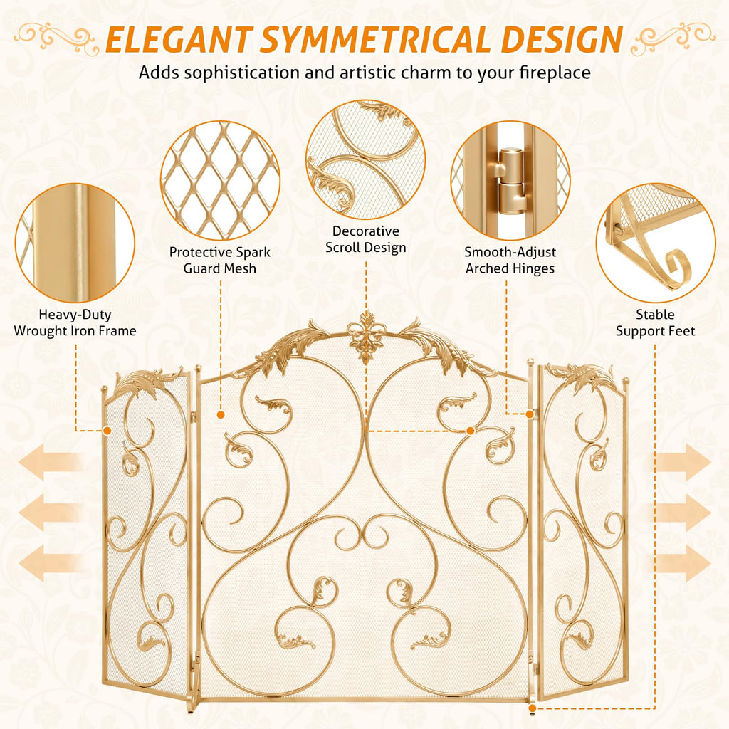Fireplace Screen Gold 50x32 Inch Folding 3 Panel Fireplace Screen