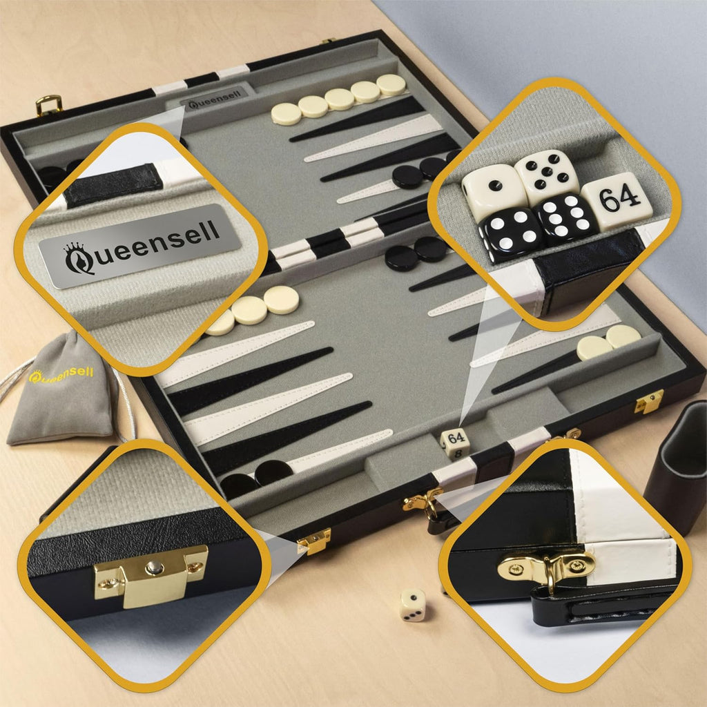 Large Black Backgammon Sets for Adults - Classic Board Games for 2 Players Adults and Kids - Premium Backgammon Set