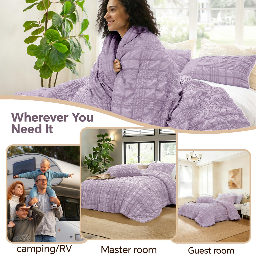 Comforter Set, Seersucker Bedding Set 3 Pieces, Lavender