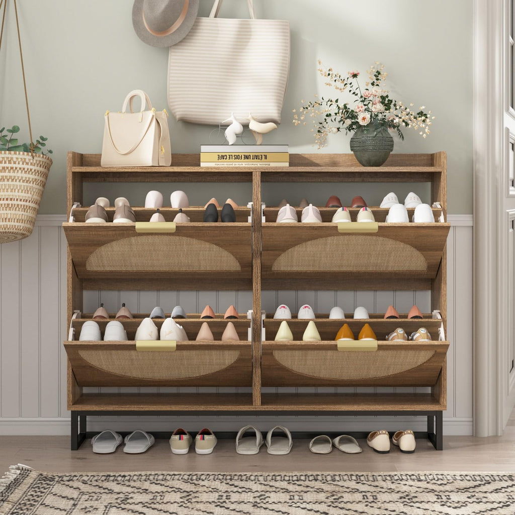 Large Rattan Shoe Storage Cabinet with 4 Flip Drawers, Freestanding Shoe Organizer with Metal Legs, Hidden Golden