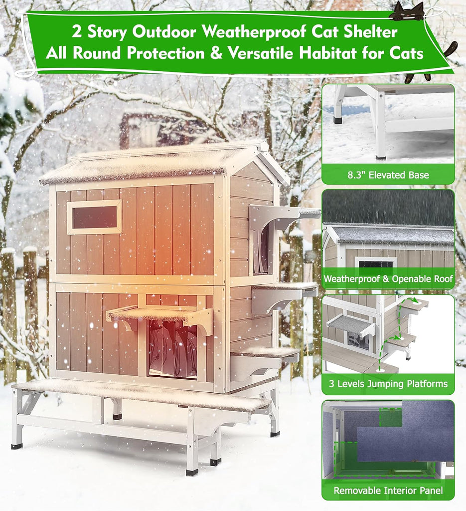 Outdoor Cat House Weatherproof Cats Shelter for Feral Kitten Pet Houses for 1-2 Small Animlas 2 Story Wooden Houses