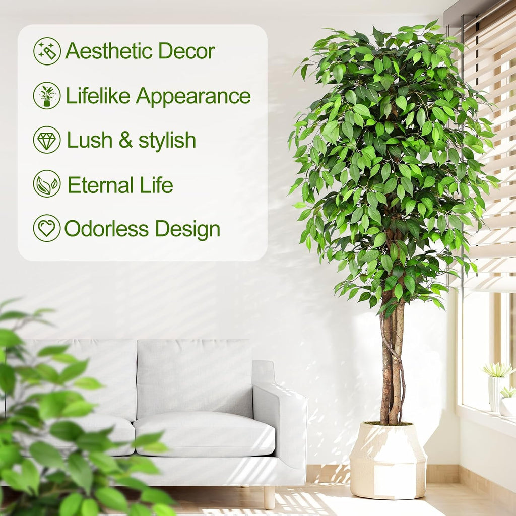 7ft Large Ficus Artificial Trees with Natural Curved Trunks, 84" Tall Lush Faux Tree Decor Indoor, Green Lifelike