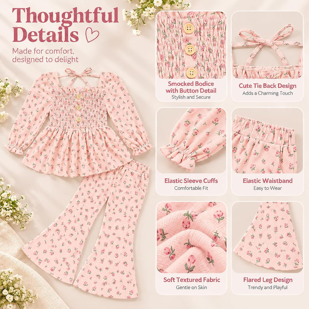 Toddler Girl Outfits Smocked Peplum Top with Kick Flare Pants
