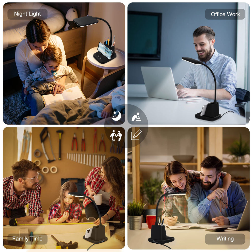 LED Desk Lamp with 10W Wireless Charging & Pen Holder, Black