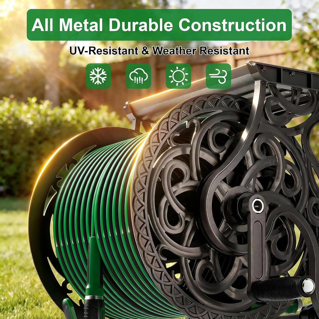 Garden Hose Reel Wall Mount Metal, Holds 125 ft x 5/8" Decorative Water Hose Holder for Outside Storage, Heavy Duty