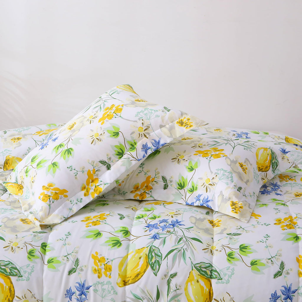 Floral Comforter Sets, Lemon Blossoms Patterned Bed in a Bag for All Seasons, 3-Piece Farmhouse Rustic