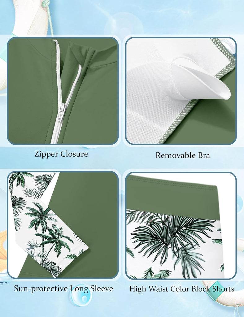 Girls Rash Guard Swimsuit 2 Piece Bathing Suit Long Sleeve Full Zip Tropical Print Boyshorts Beach Swimwear