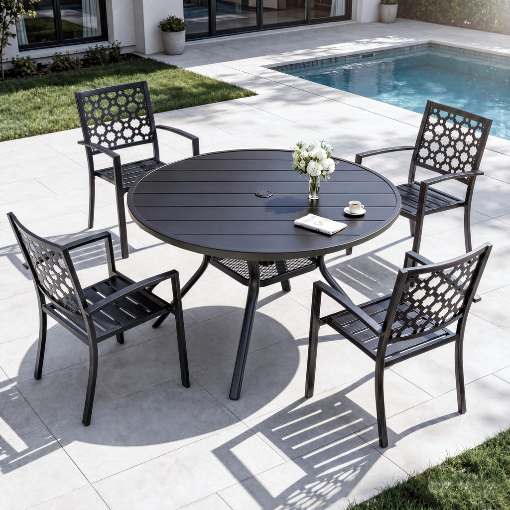 Stackable Outdoor Patio Dining Chairs Set of 6, Heavy Duty Black Powder-Coated Metal Patio Chairs, Sturdy
