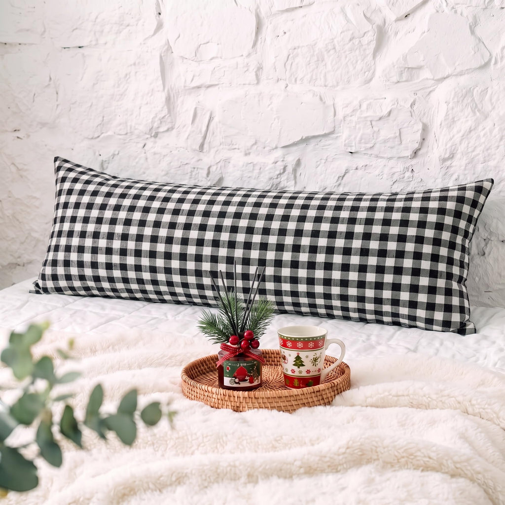 Black and White Decorative Long Body Gingham Plaid Throw Pillow Cover 14x36