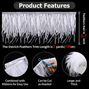 5-7inch White Ostrich Feather Trim for DIY Sewing Clothing,2Yards
