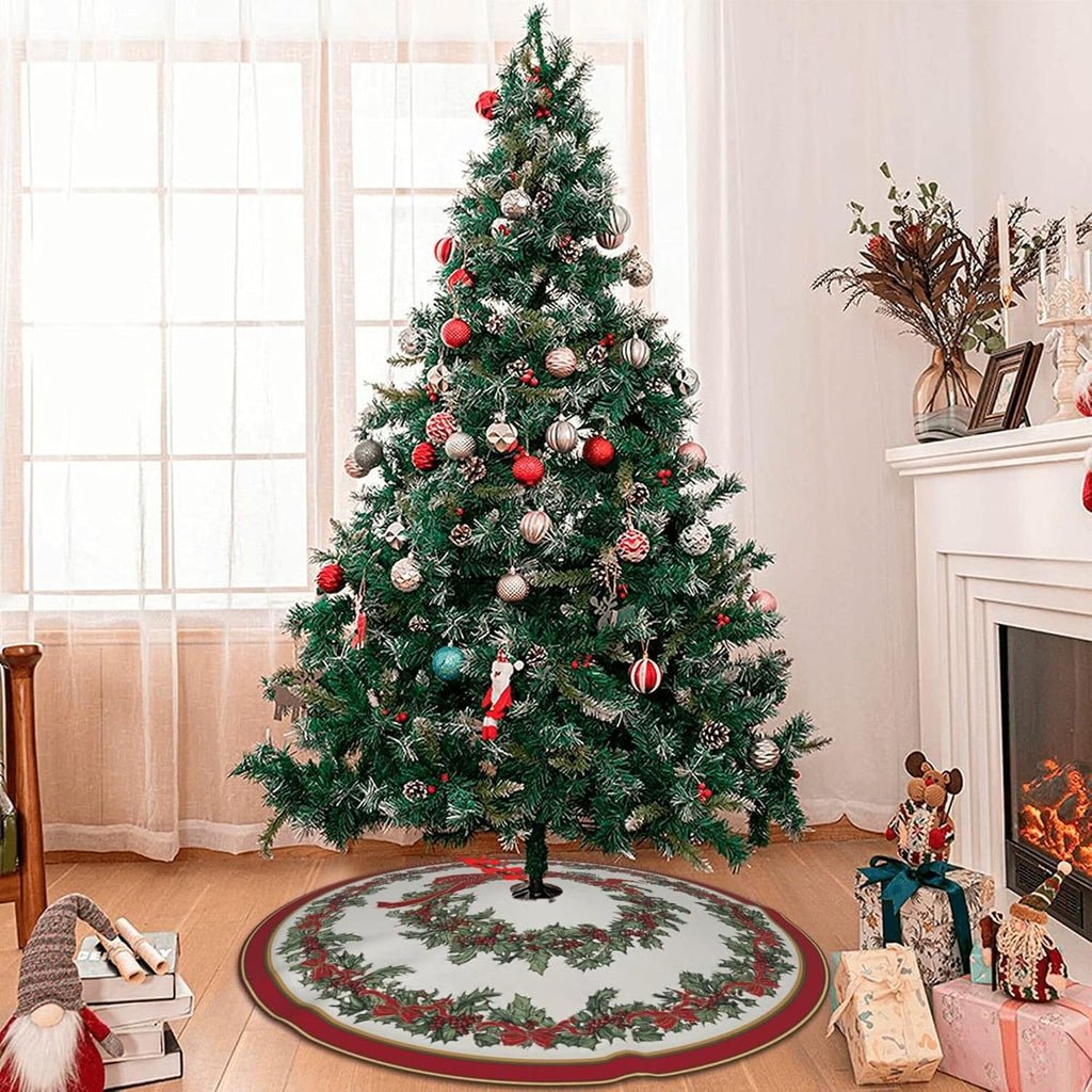 Bow Holly Fruit Christmas Tree Skirt 36 Inch Xmas Tree Mat Party Decor Supplies for Holiday Home Decorations