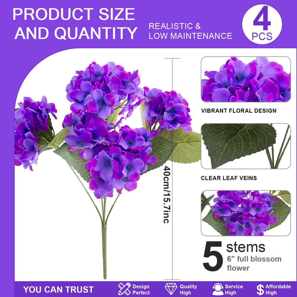 4 Pcs Hydrangea Artificial Flowers Outdoor Silk Bouquets, UV Resistant Faux Hydrangeas Flowers for Table Vase