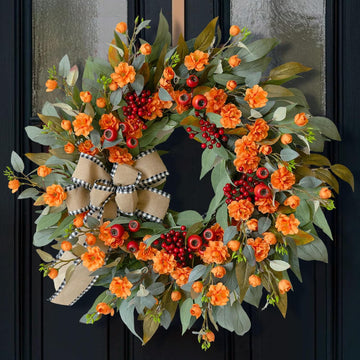 24 Inch Harvest Fall Wreaths for Front Door Outside with Bow & Red Berries