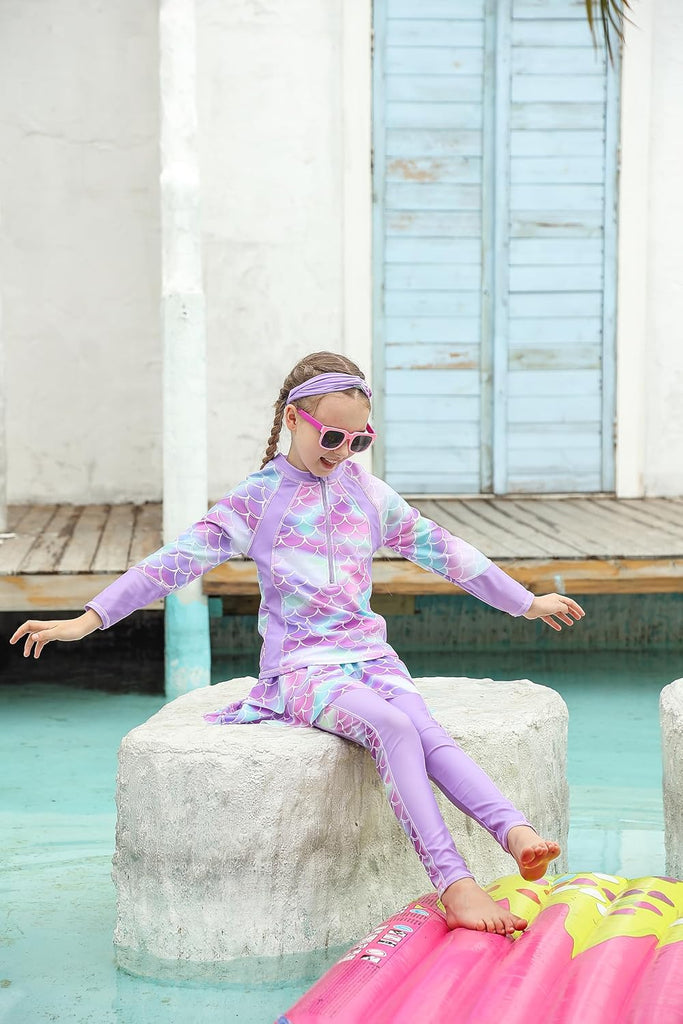 Girls Long Sleeve Rashguard Half Zip Swimsuits UPF 50+