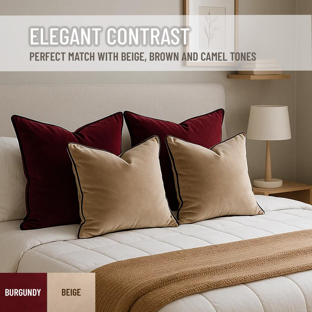 2 Pack Polyester Decorative Throw Pillow Covers, 18"x18", Burgundy, Solid, Modern, Contrast Piping, Indoor Use