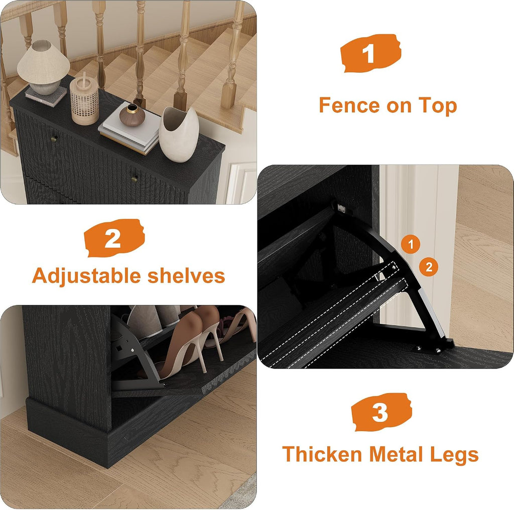 Fluted Shoe Cabinet Storage with 3 Flip Drawers, Wooden Fluted Narrow Shoe Organizer with Adjustable and Removable
