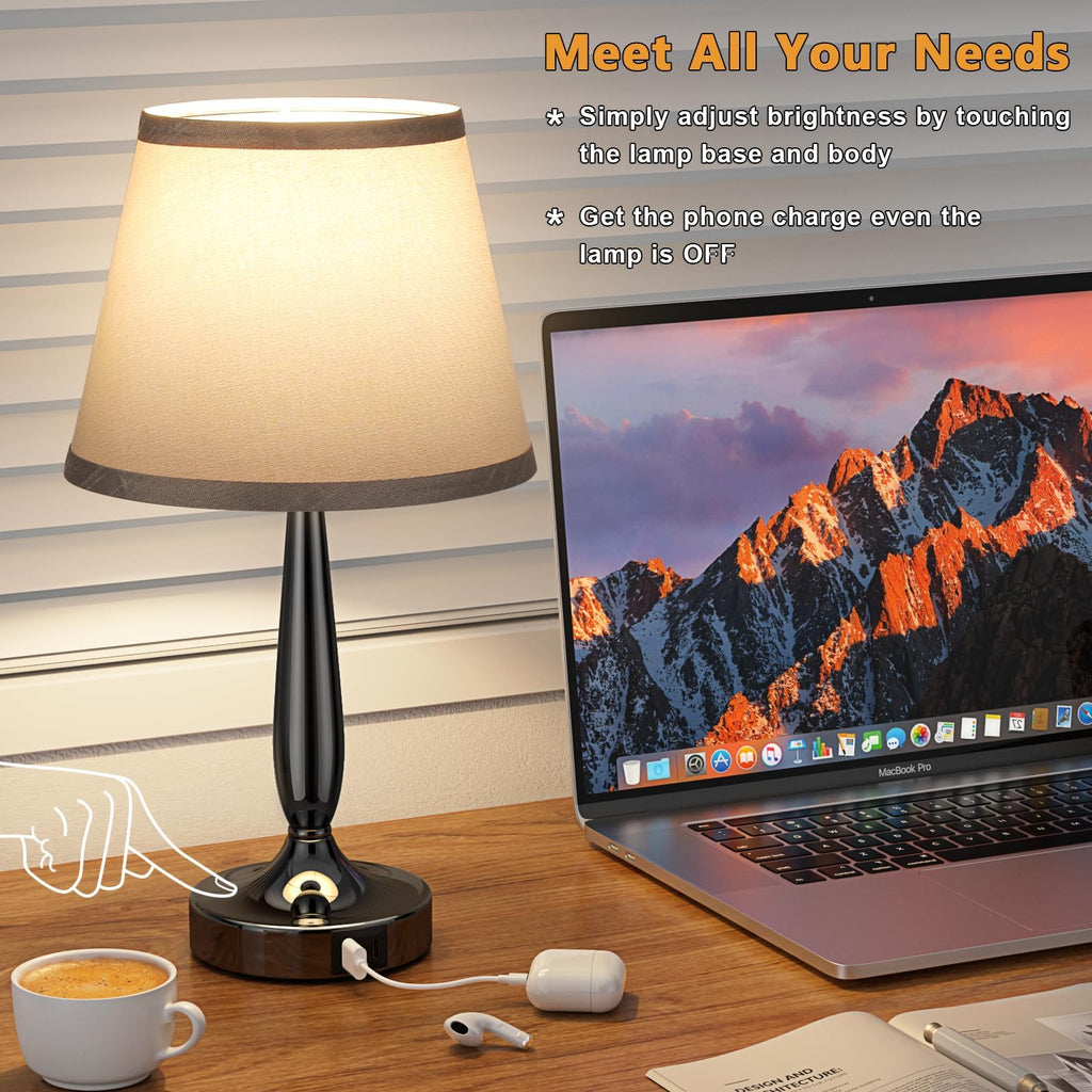 Touch Table Lamp, Small Bedside Lamp with USB C Port